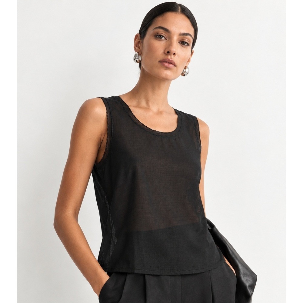 COS Womens Black Wool Blend Sheer Sleeveless Top Picot Trim Size 8 NWT
